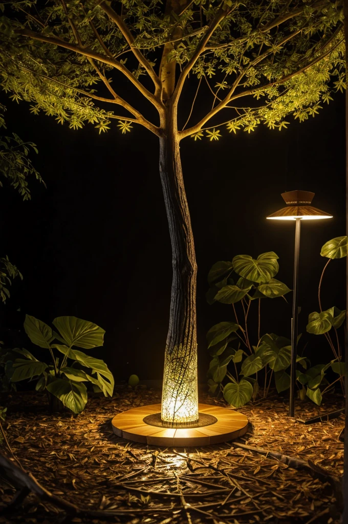 A lamp with a resin base with flowers inside, the trunk of tree sticks, covering the spotlight with dry leaves and getting its energy from a solar panel