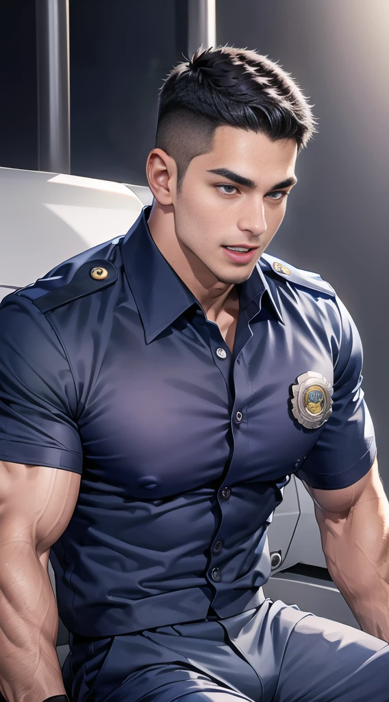 handsome man sit on the table ,(crew cut short hair:1.2),black eye,smile,open mouth (navy police uniform:1.2),(shirt short sleeves:1.2),collar,(shirt covered over:1.2),(name tag and Police badge:1.3),(shirt no buttons:1.1),(black_gloves:1.3), (Navy blue cargo:1.2),Korean guy,korean men,(High gloss details),(chest muscles:1.2),(large arm muscles:1.2),blood vessel,Big muscles,Broad shoulders,looking at the audience,Balancing the eyes,middle of the road,(stage:1.2),