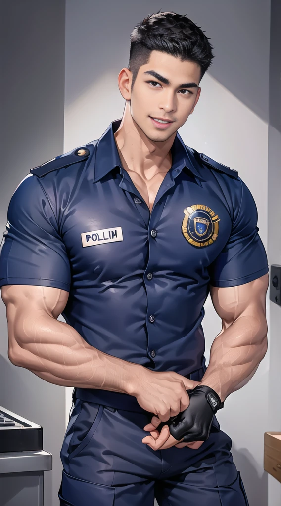 handsome man sit on the table ,(crew cut short hair:1.2),black eye,smile,open mouth (navy police uniform:1.2),(shirt short sleeves:1.2),collar,(shirt covered over:1.2),(name tag and Police badge:1.3),(shirt no buttons:1.1),(black_gloves:1.3), (Navy blue cargo:1.2),Korean guy,korean men,(High gloss details),(chest muscles:1.2),(large arm muscles:1.2),blood vessel,Big muscles,Broad shoulders,looking at the audience,Balancing the eyes,middle of the road,(stage:1.2),