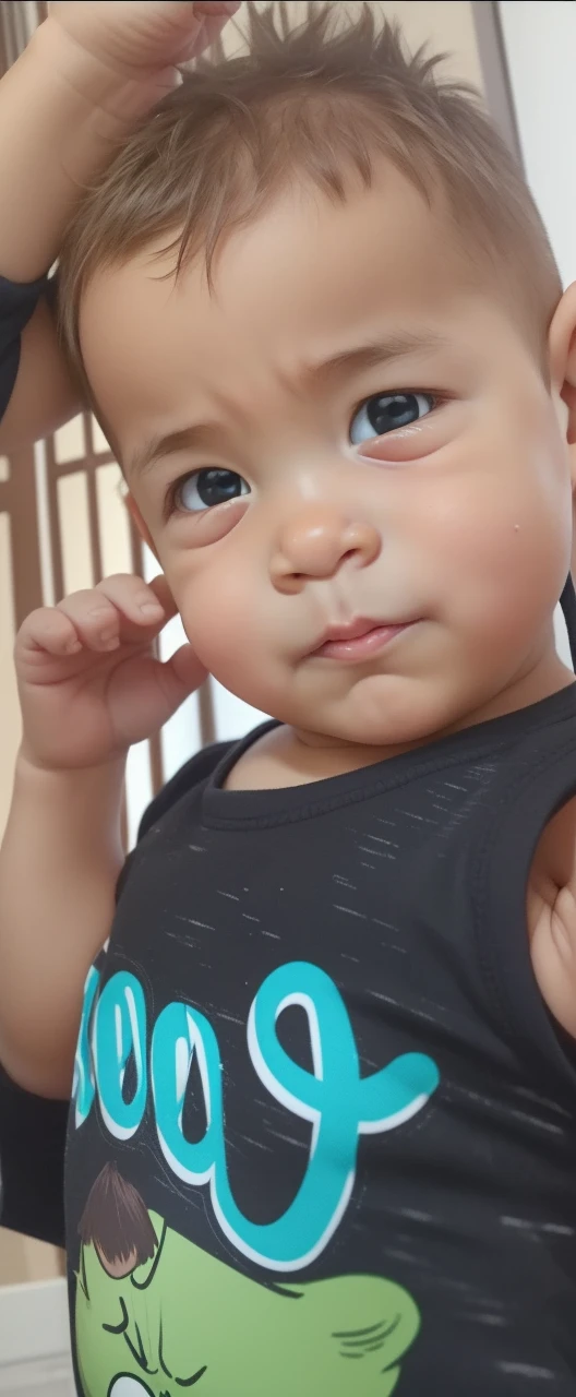 Create an image depicting a baby version of the Hulk, capturing his adorable yet powerful presence. Depict the baby Hulk in a playful and energetic pose, showcasing his tiny yet strong physique. Dress the baby Hulk in miniature torn clothing that mirrors the Hulk's iconic look. Use a cute and vibrant art style to emphasize the baby Hulk's endearing qualities and his potential for strength. Incorporate elements of playfulness and curiosity that are characteristic of babies. Utilize a color palette that conveys both the Hulk's signature green and the innocence of childhood. The camera angle should emphasize the baby Hulk's expressions and his interaction with the surroundings. Opt for a wide-angle lens to capture the charming details of the baby Hulk's appearance. Render the image in high resolution to convey the adorable and powerful contrast of a tiny Hulk.
