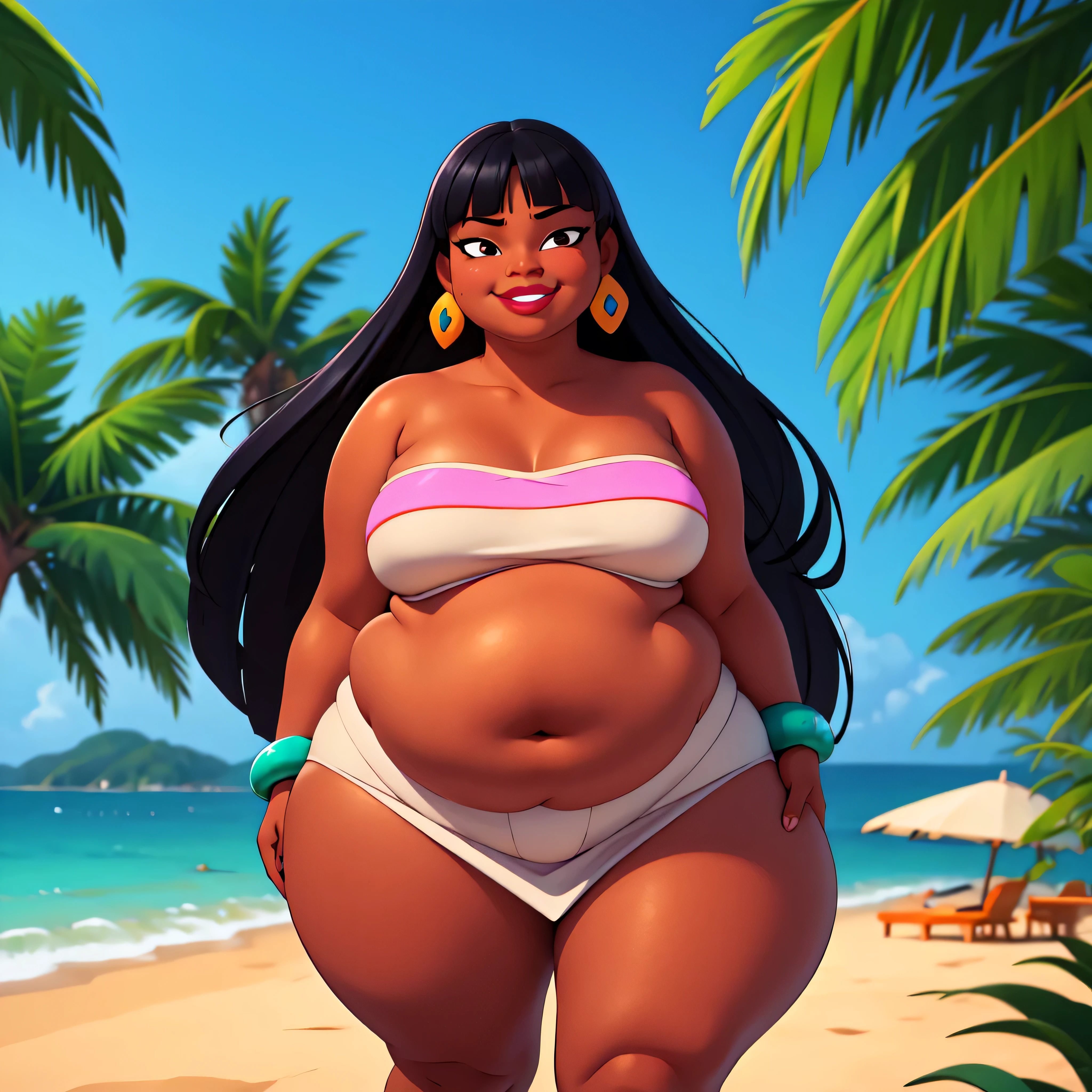 (work of art:1.2, best qualityer:1.2), SSBBW, Giant breasts, thunder thighs, soft ambient lighting, perfect lighting, 1 girl, standing alone, Chel, Bblack hair, long hair, rhombus stripe, eyes browns, darkskin, lipstick, breasts big, Broad Hips, top of the tube, neckleace, bared shoulders, emerald earrings, emerald bracelets, looking at the camera with a smug expression on his face, beach background, very large body, fat belly rolls, big breasts, sexy smile, fat arms, thunder thighs, super fat, looking at viewer, wet clothes, sweating very hard, sexy looking, blob