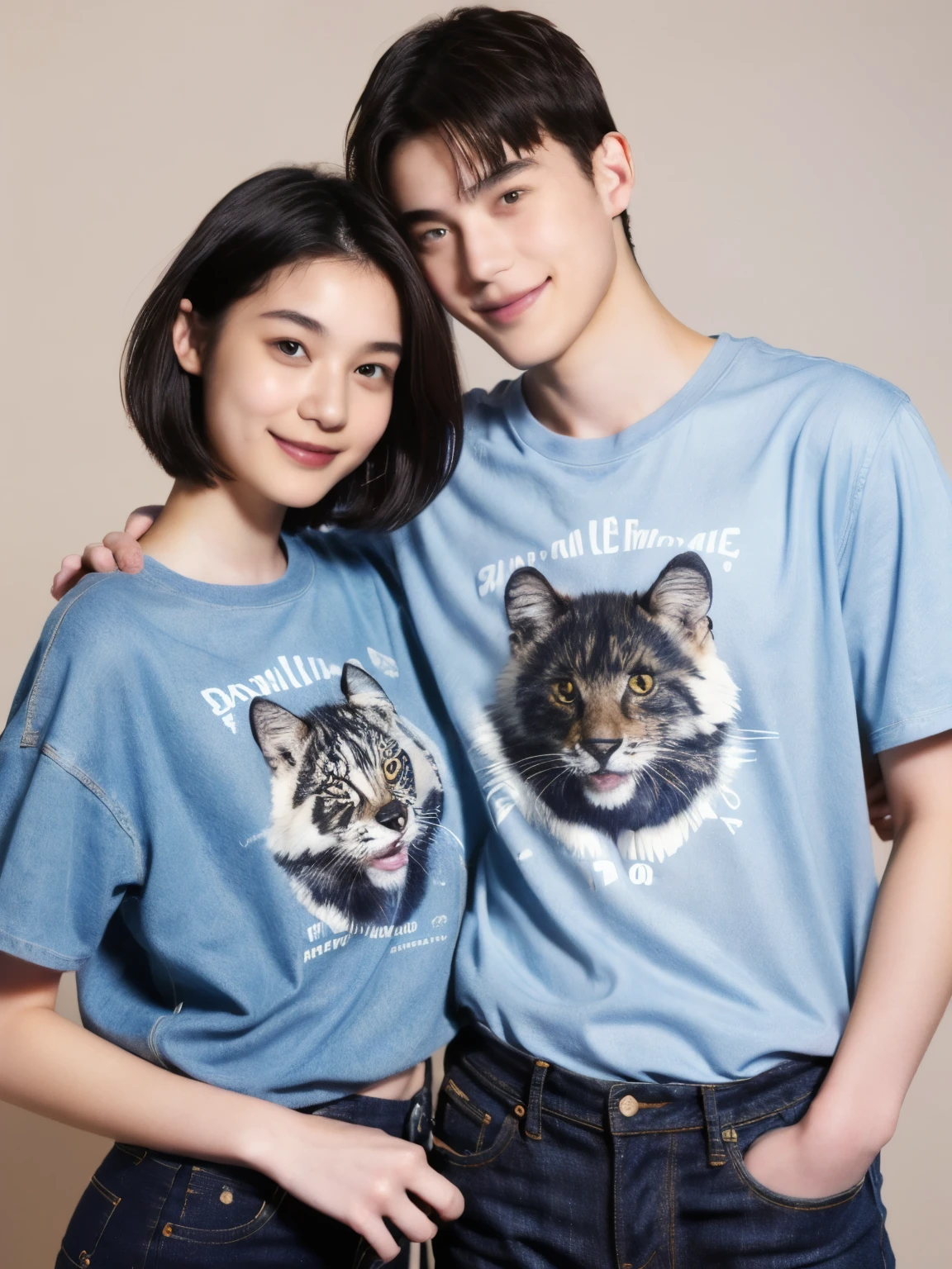 250 (An 18-year-old female and an 18-year-old male), (short hair),kind, lipstick, (jeans), (Animal charactersTshirt), smile