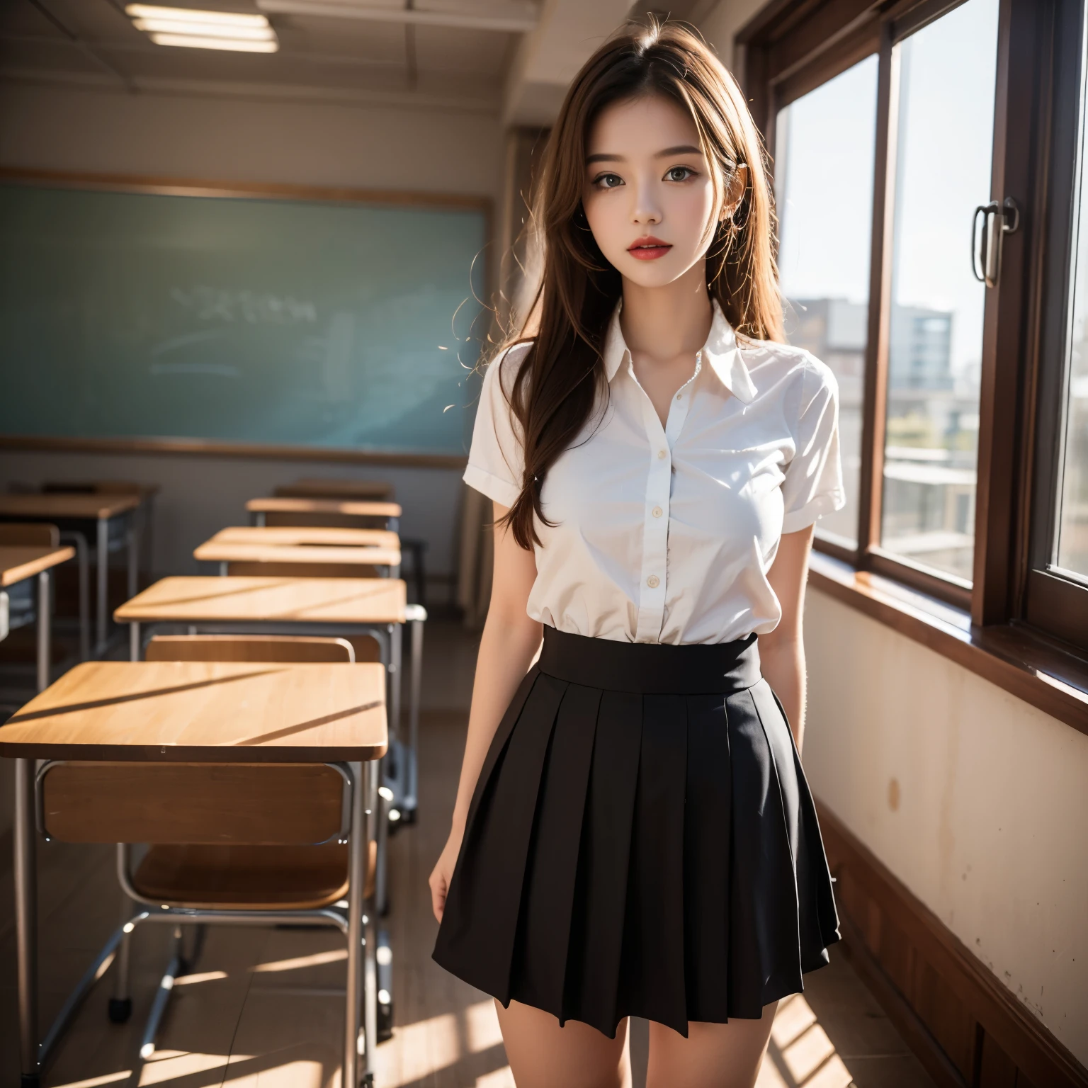 (masterpiece,up to date,exception:1.2),1 Girl,Black school uniform,classroom,