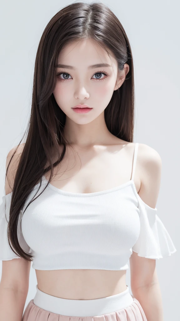 (((Tank top、Off-the-shoulder blouse、mini skirt、White background、Big Breasts)))、forehead、Big Breasts、Northern Europe、Russia、beautiful girl、Platinum Blonde Hair、Straight long hair、Hitting the face and front of the eyes、Big blue eyes、Sheer white and wet nightgown、Northern Europeの若者、Perfect body、White tendons、Glowing Skin、Young and beautiful skin、A perfect and beautiful little face、Bright makeup、Pale pink lips、Bright expression、-yeld gilipstick、Deceptive advertising、Viewer&#39;s vision、Golden Hour Lighting、Bokeh Atmosphere Perspective、detailed、Movie Light、複雑なdetailed、High resolution、 フェイスデザインのdetailedな特徴、Attention to detail、Clear focus、Smoothness、aesthetics、Printed、Octane、{{masterpiece}}