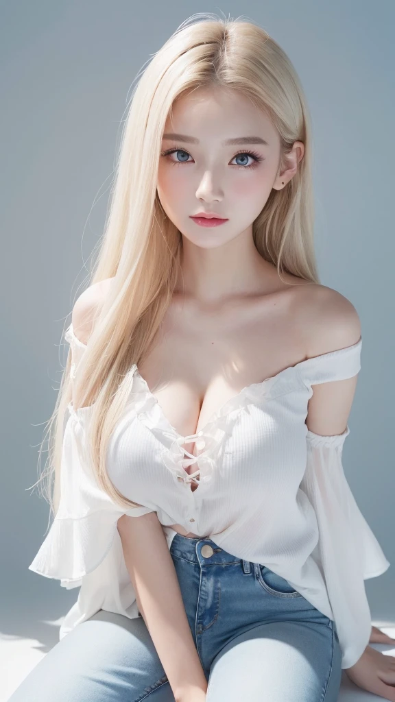 (((Tank top、Off-the-shoulder blouse、jeans、White background、Big Breasts)))、forehead、Big Breasts、Northern Europe、Russia、beautiful girl、Platinum Blonde Hair、Straight long hair、Hitting the face and front of the eyes、Big blue eyes、Sheer white and wet nightgown、Northern Europeの若者、Perfect body、White tendons、Glowing Skin、Young and beautiful skin、A perfect and beautiful little face、Bright makeup、Pale pink lips、Bright expression、、lipstick、Deceptive advertising、Viewer's vision、Golden Hour Lighting、Bokeh Atmosphere Perspective、detailed、Movie Light、複雑なdetailed、High resolution、 フェイスデザインのdetailedな特徴、Attention to detail、Clear focus、Smoothness、aesthetics、Printed、Octane、{{masterpiece}}
