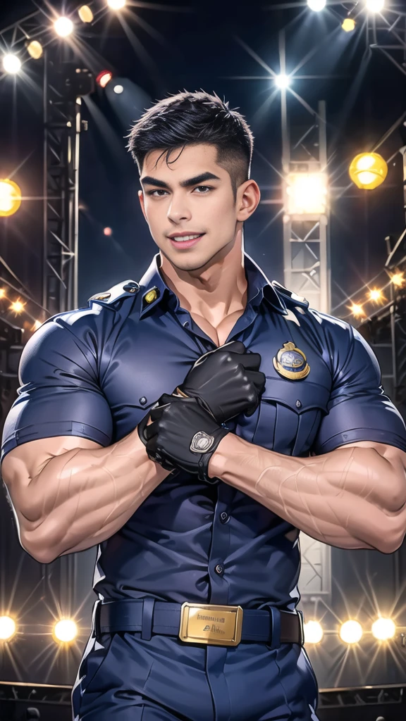 handsome man sit on the table ,(crew cut short hair:1.2),black eye,smile,open mouth (navy police uniform and t-shirt:1.2),(open shirt short sleeves:1.2),collar,(shirt covered over:1.2),(name tag and Police badge:1.2),(shirt no buttons:1.1),(black_gloves:1.3), (Navy blue cargo:1.2),Korean guy,korean men,(High gloss details),(chest muscles:1.2),(large arm muscles:1.2),blood vessel,Big muscles,Broad shoulders,looking at the audience,Balancing the eyes,middle of the road,(stage:1.4)