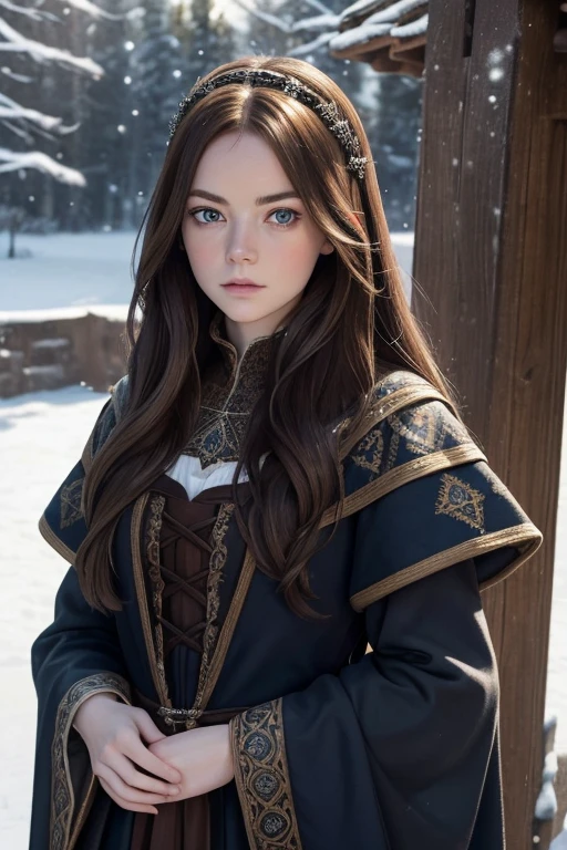 ((best quality)), ((masterpiece)), (detailed), Portrait of a 20-year-old woman with long brown hair, dark blue eyes, pale skin, and a serious face resembling Emma Stone, dressed in a medieval-style winter dress. Camera angle: Medium shot, capturing the intricate details of her attire and her solemn expression.