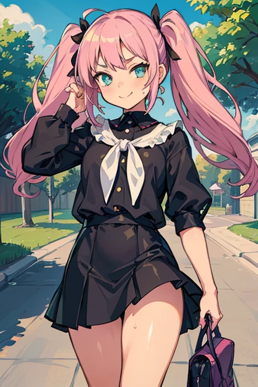 4 Girls with pink hair, long twintail hairstyle, small bushy eyebrows, wearing gothic ta clothing, loli(Zankuro) drawing style by zankuro artist, Zancrow style, image uploaded to R34, walking to school, flirty smile, , lifting her skirt to show her vagina wet with semen