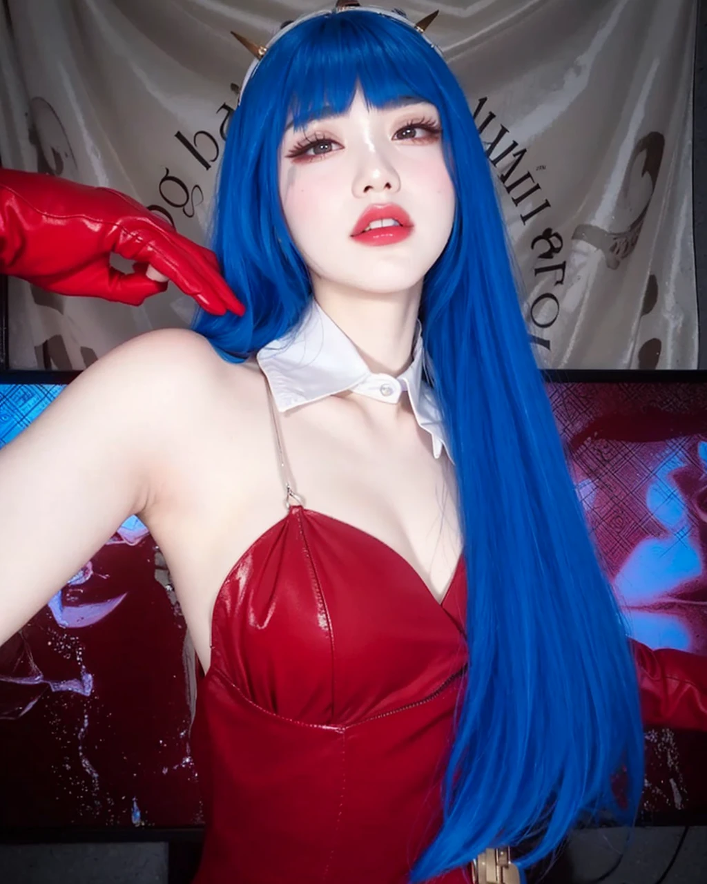 Beautiful shampoo in a red dress with blue purple hair, big breasts and big hips, a small waist that looks very sexy from head to toe