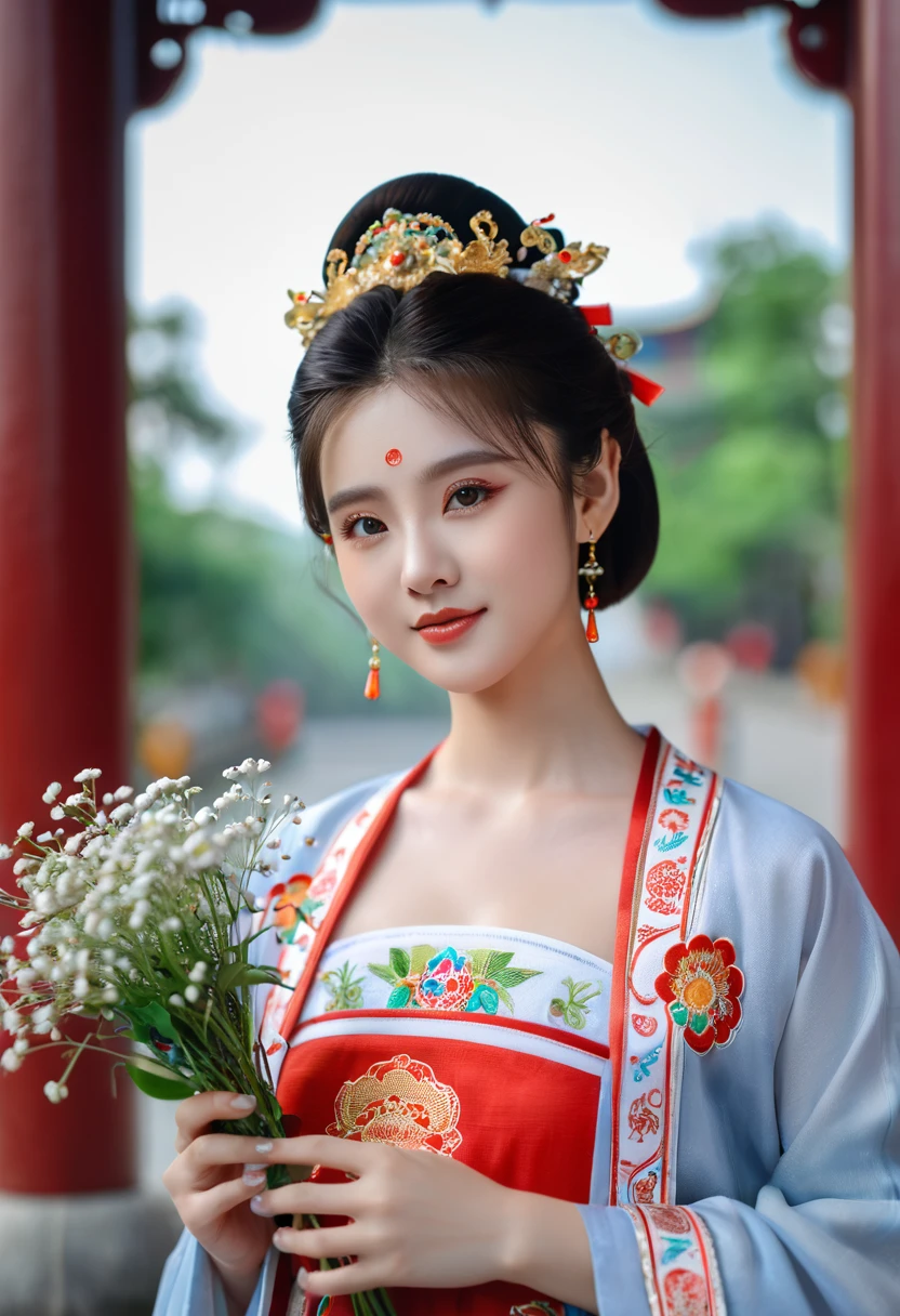 High qualityสุด, Masterpiece, 1 woman, Beautiful face, (ภาพถ่ายเสมือนTRUE:1.3), Light around the wheel rim, (Highly detailed skin:1.2), 8K UHD, dslr, High quality, high definition, 4K, 8K, Bokeh, (TRUE: 1.3), small face, A cute girl, Chinese national costume, middle breast,holding flowers