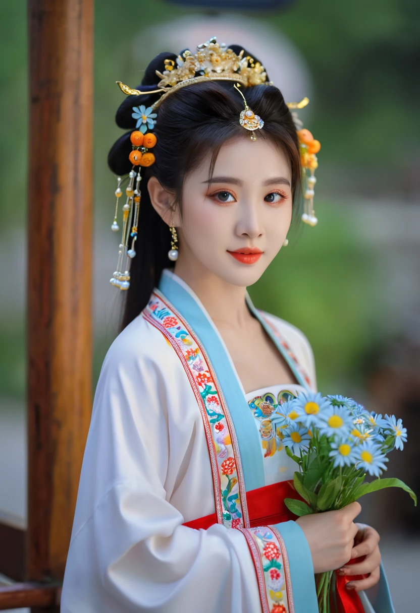 High qualityสุด, Masterpiece, 1 woman, Beautiful face, (ภาพถ่ายเสมือนTRUE:1.3), Light around the wheel rim, (Highly detailed skin:1.2), 8K UHD, dslr, High quality, high definition, 4K, 8K, Bokeh, (TRUE: 1.3), small face, A cute girl, Chinese national costume, middle breast,holding flowers