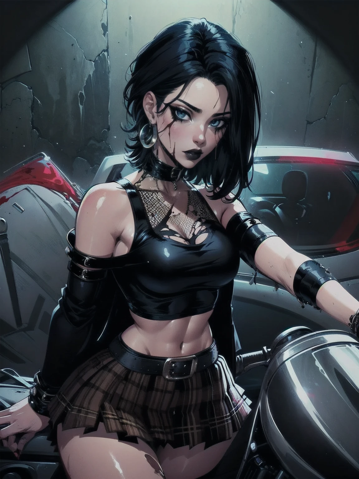 a woman with medium black hair, hair on shoulders, wearing plaid skirt, black jacket, blue eyes, gothic art, cute aesthetic with vibe, toon aesthetic, wearing gothic accessories, look like Cassie Hack, upper body, driving on the motocicle, street background, dinamic poses