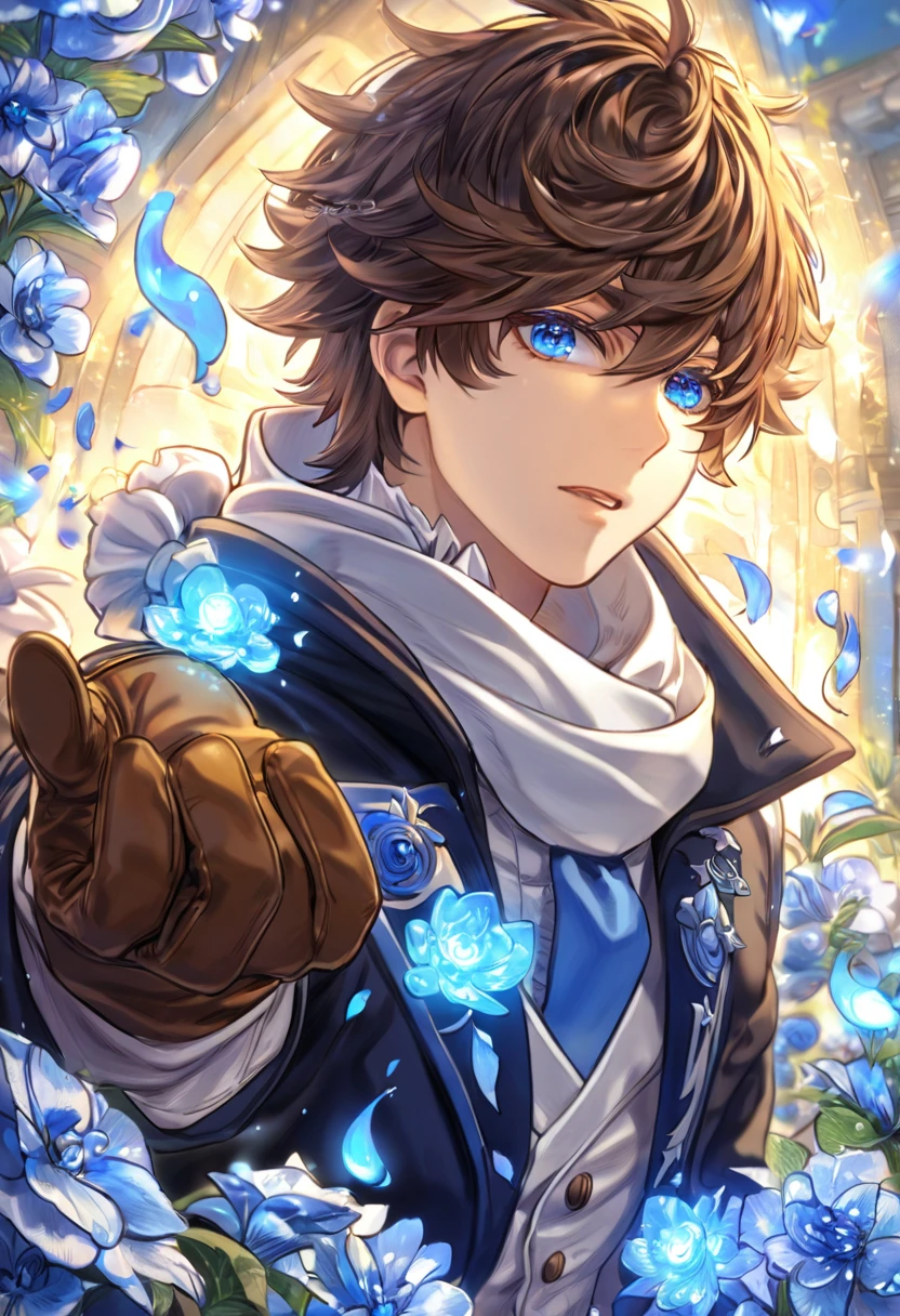 Ultra detailed, highres, absurdres, HDR, master piece, Jiggy Pepper, messy dark brown hair, short hair, expressive blue eyes, Tegami Bachi, blue petals, white scarf, sexy man, solo, best quality, blue flowers, blue shining fireflies, handsome, fantasy, magical, brown gloves, blue moon, dark blue trademark jacket with white patters, blue necktie, white shirt, a mark on his right eye