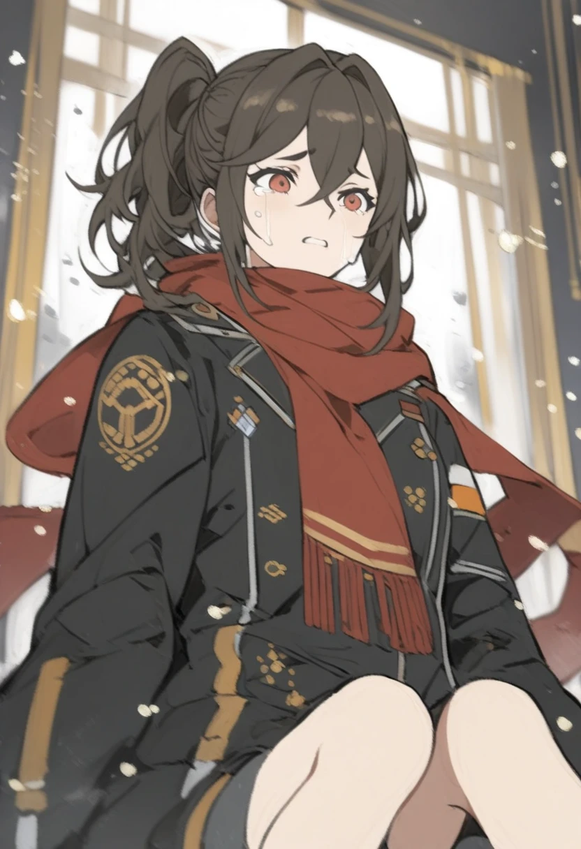 1girl papajay \(jennygin2\), official art, sitting, crying, tears streaming, black coat, red scarf, black hair, side_ponytail, red eyes, (very aesthetic, best quality, ultra detailed), intricate details, highres, indoors, light particles, close-up, blurry background,, low angle, cinematic angle, cowboy shot, emotional, delicate features