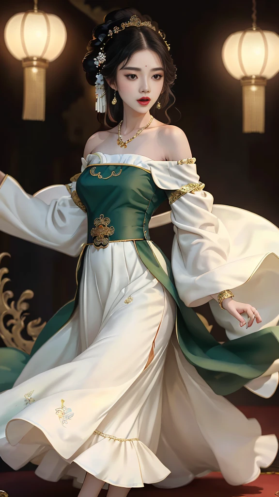 Girl in traditional Chinese clothing, Hanfu, Guzhen Hanfu women, green Hanfu,(long straight black hair:1.5), black eyes, black bun hairstyle, hair accessories ,white diamond earrings, Bangle Diameter, Dia Necklace, Clear eyes, Facing forward,put on makeup, Long eyelashes ,(Jade green long shoulder coat:1.5), (Very long skirt, white:1.5), ((Whole body)), ((from below)), Clear face, , (Very beautiful face, Beautiful mouth, beautiful eyes), detailed face, ((Ultra-fine skin)), In the dark, deep shadows, an ancient Chinese girl (Very slim figure 1.3) ,Plump breasts, elegant posture ,(palace in the sky:1.5), open mouth