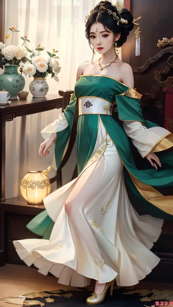 Girl in traditional Chinese clothing, Hanfu, Guzhen Hanfu women, green Hanfu,(long straight black hair:1.5), black eyes, black bun hairstyle, hair accessories ,white diamond earrings, Bangle Diameter, Dia Necklace, Clear eyes, Facing forward,put on makeup, Long eyelashes ,(Jade green long shoulder coat:1.5), (Very long skirt, white:1.5), ((Whole body)), ((from below)), Clear face, , (Very beautiful face, Beautiful mouth, beautiful eyes), detailed face, ((Ultra-fine skin)), In the dark, deep shadows, an ancient Chinese girl (Very slim figure 1.3) ,Plump breasts, elegant posture ,(palace in the sky:1.5), open mouth
