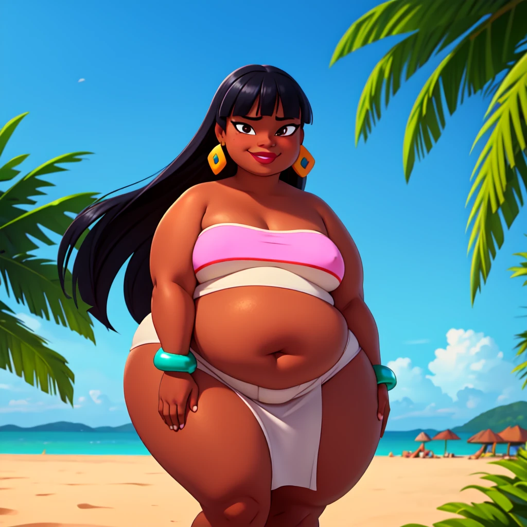 (work of art:1.2, best qualityer:1.2), SSBBW, Giant breasts, thunder thighs, soft ambient lighting, perfect lighting, 1 girl, standing alone, Chel, Bblack hair, long hair, rhombus stripe, eyes browns, darkskin, lipstick, breasts big, Broad Hips, top of the tube, neckleace, bared shoulders, emerald earrings, emerald bracelets, looking at the camera with a smug expression on his face, beach background, very large body, fat belly rolls, big breasts, sexy smile, fat arms, thunder thighs, super fat, looking at viewer, wet clothes, sweating very hard, sexy looking, blob