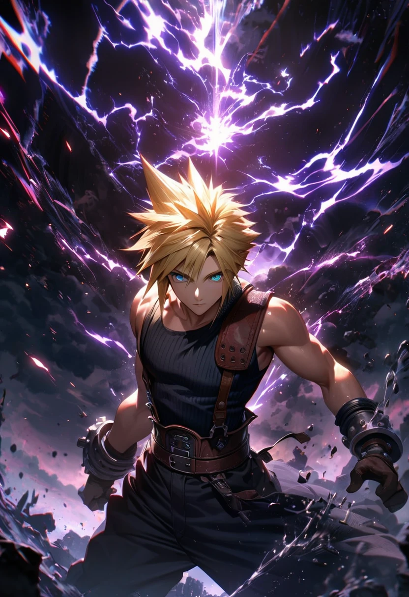 Symetrical,absurdres, highres, ultra detailed, HDR, masterpiece, extremely detailed face and eyes, Cloud Strife,final fantasy 7, yellow hair , , solo, man, handsome, ,, , Epic fight scene,black  lightning effect, glowing glitters, Epic black jacket, black flames effect, black aura effect, black splashing