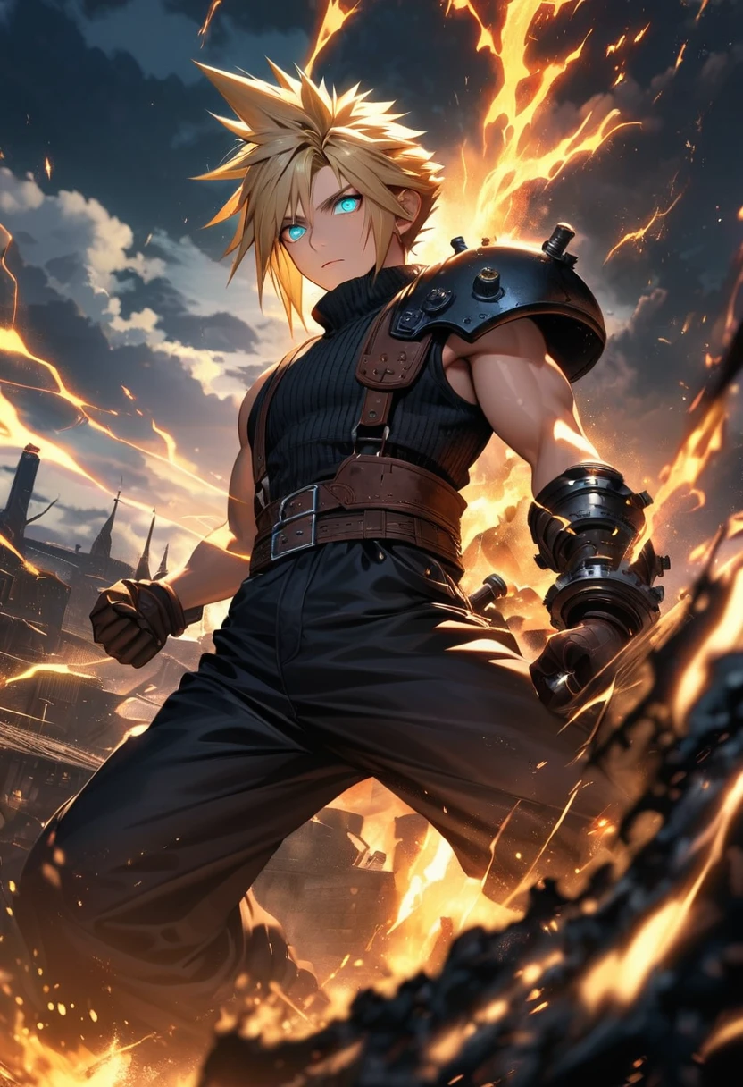 Symetrical,absurdres, highres, ultra detailed, HDR, masterpiece, extremely detailed face and eyes, Cloud Strife,final fantasy 7, yellow hair , , solo, man, handsome, ,, , Epic fight scene,black  lightning effect, glowing glitters, Epic black jacket, black flames effect, black aura effect, black splashing