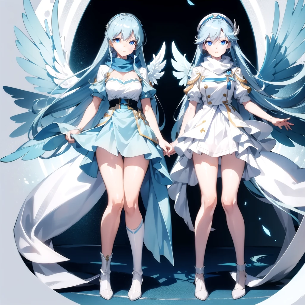 masterpiece, highest quality, highest resolution, clear_image, detailed details, light blue hair, long hair, one girl, light blue eyes, white stockings, military clothing, light blue scarf, light blue wings (2 wings), cute, full body, no water marks
