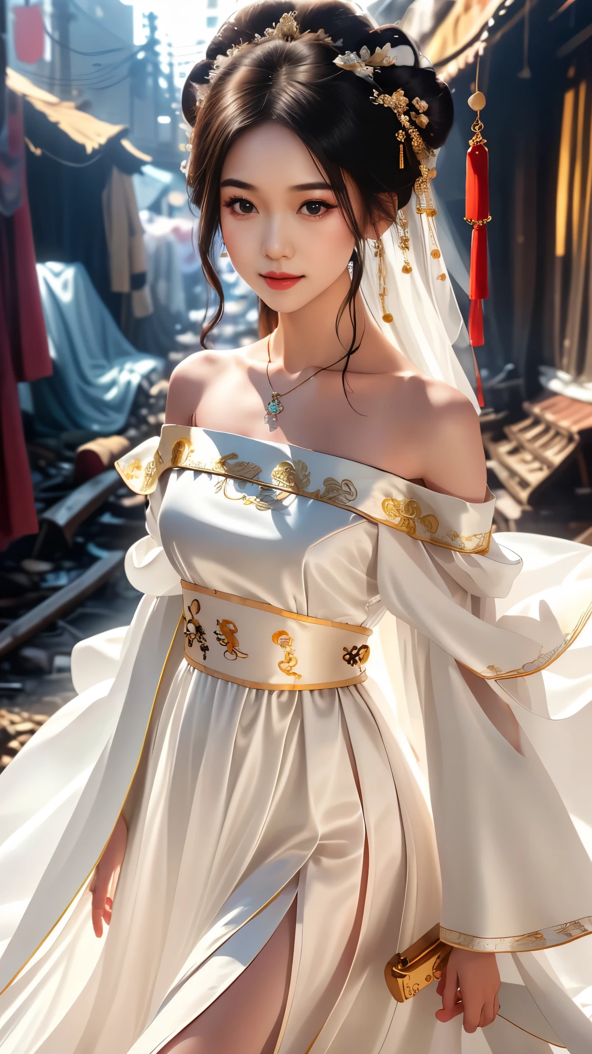 Girl in traditional Chinese clothing, Hanfu, Guzhen Hanfu women, White Hanfu,long straight black hair, black eyes, black bun hairstyle, hair accessories ,white diamond earrings, Bangle Diameter, Dia Necklace, Clear eyes, Facing forward,put on makeup, Long eyelashes ,(Long shoulder coat:1.5), (long white skirt:1.5), ((Whole body)), ((from below))ฃ, Clear face, , (Very beautiful face, Beautiful mouth, beautiful eyes), detailed face, ((Ultra-fine skin)), In the dark, deep shadows, an ancient Chinese girl (Very slim figure 1.3) ,Plump breasts, sexy slender legs elegant posture (smile brightly) ,(slum:1.5),