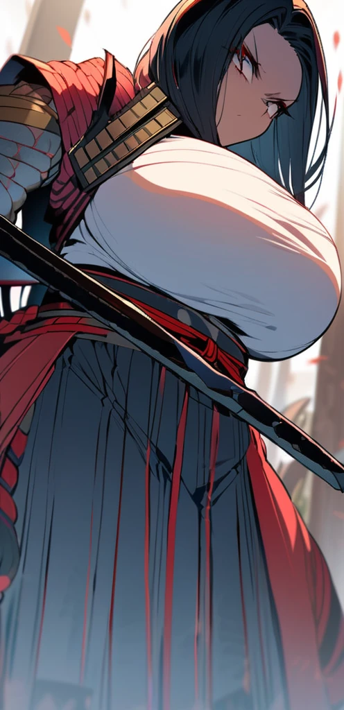 Samurai woman with gigantic round breast that are twice the size of her head, she has extremely wide hips, she wears a long dark hakama that covers her body, holding katana, she has a serious look on her face, ready for battle
