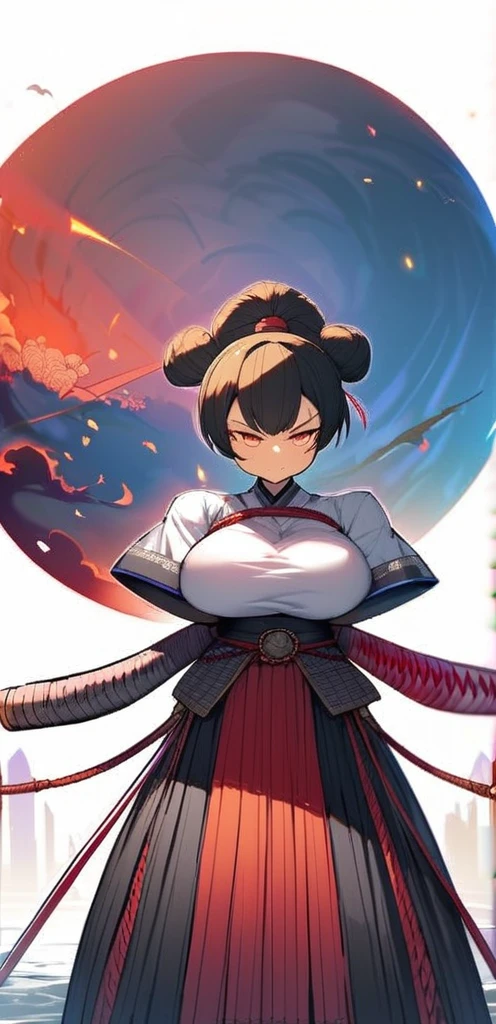 Samurai woman with gigantic round breast that are twice the size of her head, she has extremely wide hips, she wears a long dark hakama that covers her body, holding katana, she has a serious look on her face, ready for battle