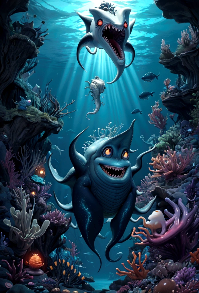 deep sea illuminated by beings that emit bioluminescence: sea monsters Giant squid, Lanternfish, Dragonfish, Goblin shark, Viperfish, Deep-sea anglerfish, Dumbo octopus, Hatchetfish, Comb jelly, Sea cucumber, Deep-sea shrimp, Vampire squid Sea urchin, Yeti crab, Chimaera