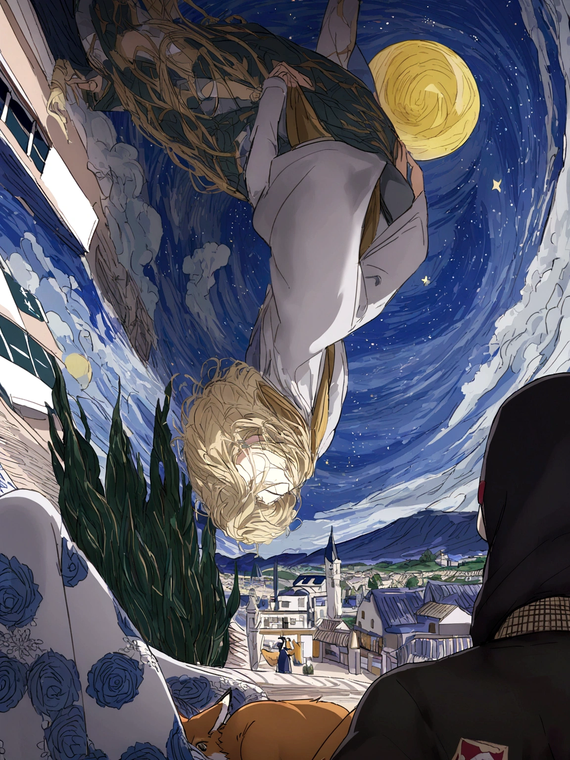 A human blonde boy in a green suit and a gold scarf next to an orange fox both sitting on his back, seeing a mountain and a town, the night has many stars, but the mountain and the town that are far from the desert where this blonde human and fox  meet
