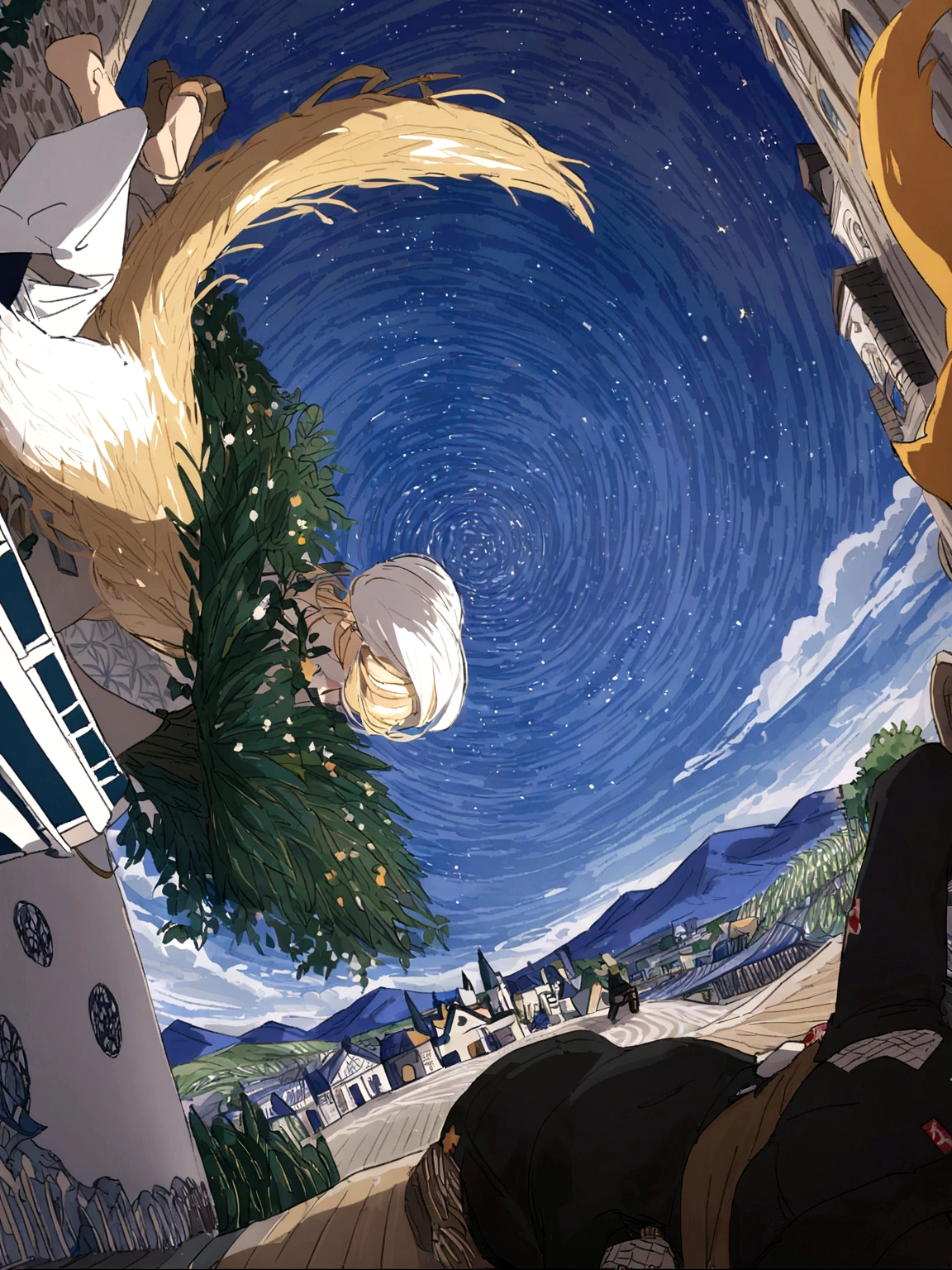 A human blonde boy in a green suit and a gold scarf next to an orange fox both sitting on his back, seeing a mountain and a town, the night has many stars, but the mountain and the town that are far from the desert where this blonde human and fox meet