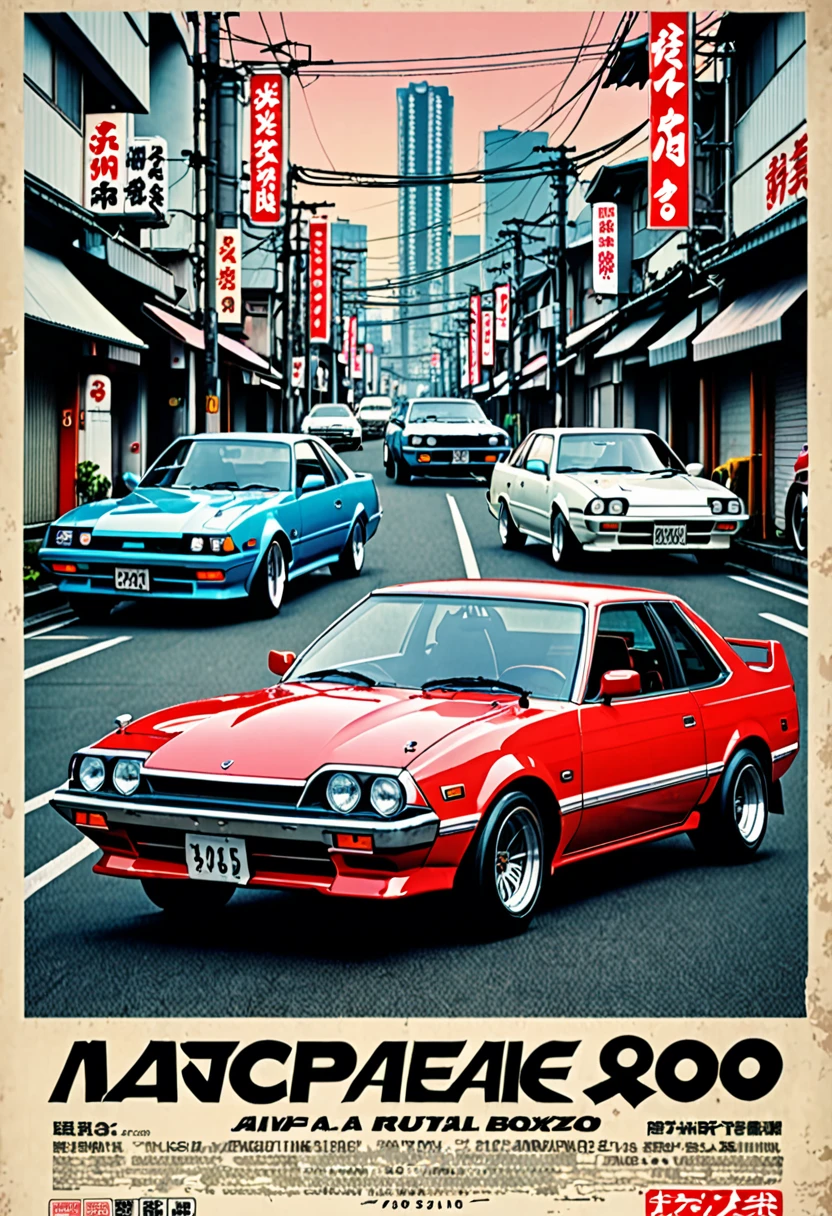 ((masterpiece)), ((Best quality)), ((A high resolution)) ((A real shot)) 90s retro poster, with old Japanese cars in bosozoku style ((Natural light)) darkening city, Japanese style inscriptions on the poster , like a magazine cover