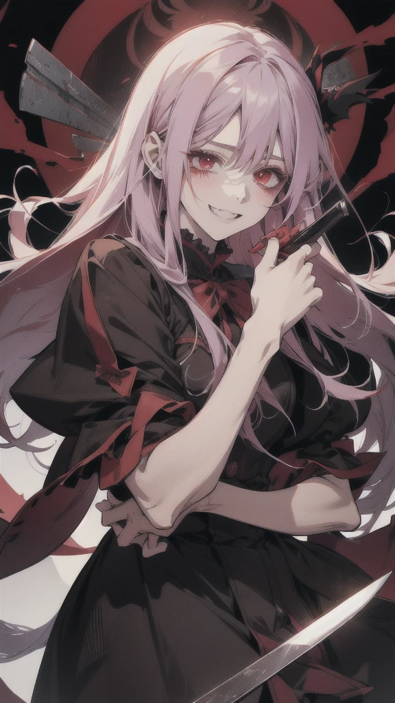 Red-eyed anime girl holding a knife in her hand, gapmoe Yandere grimdark, gapmoe Yandere, Shalltear Bloodfallen, Yandere, Yandere intricate, portrait gapmoe Yandere grimdark, Anxious smile, [[[[smile wickedly]]]], Laughing lasciviously, Slasher Smile
