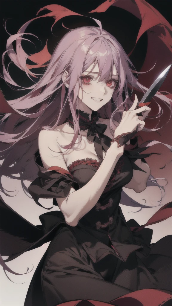 Red-eyed anime girl holding a knife in her hand, gapmoe Yandere grimdark, gapmoe Yandere, Shalltear Bloodfallen, Yandere, Yandere intricate, portrait gapmoe Yandere grimdark, Anxious smile, [[[[smile wickedly]]]], Laughing lasciviously, Slasher Smile
