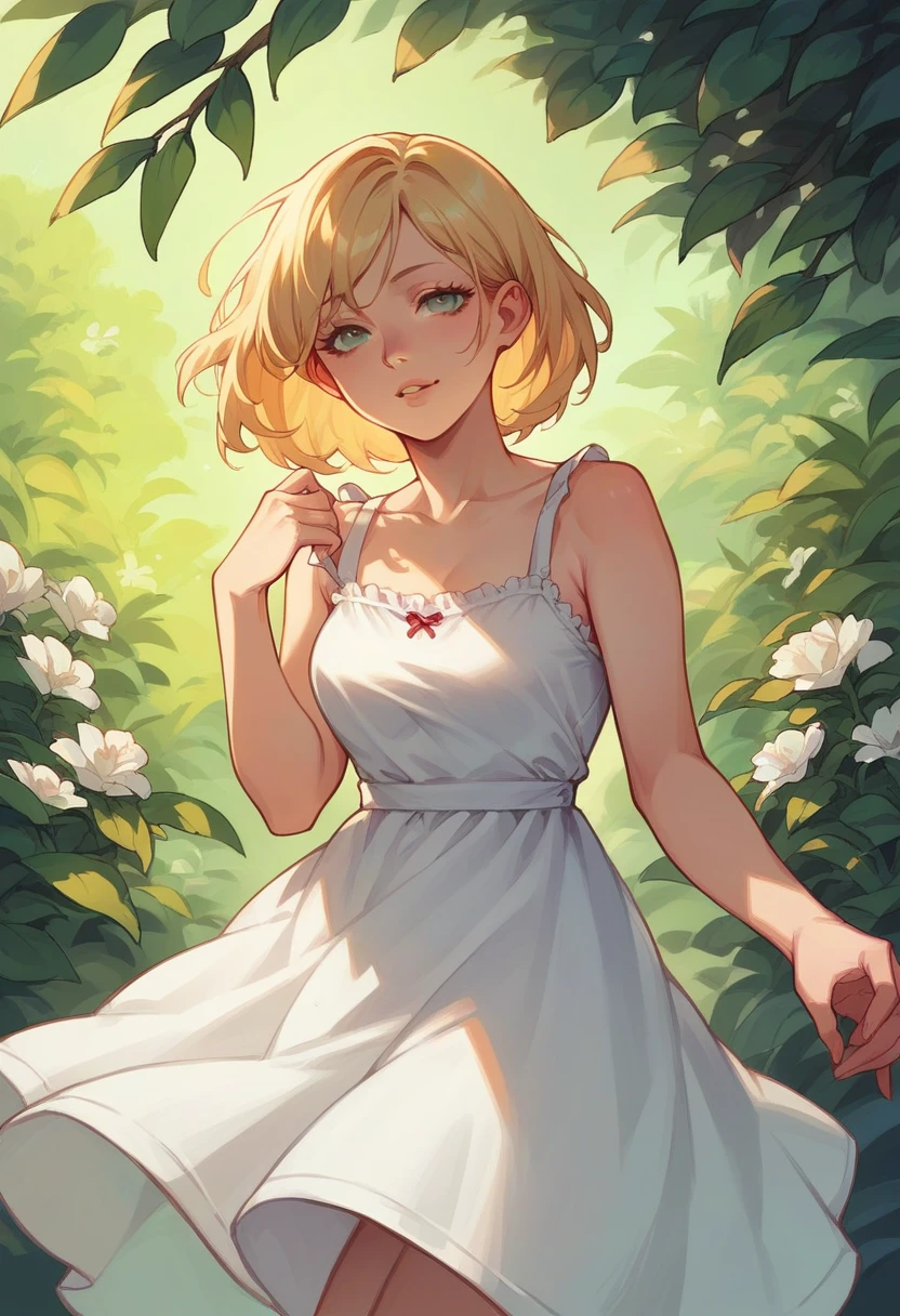 Seductive mid 20s female, sundress, in a sundress