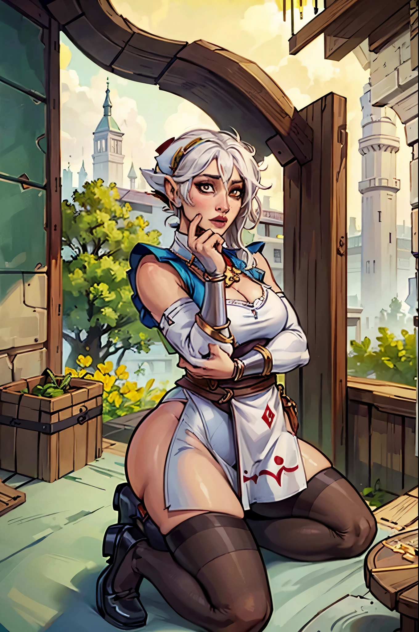 qiyana, white hair, tan skin, , slutty,, , , small breasts, nipples, erect nipples, large areola,   wide hips, thick thighs, dress, detailed intricate details, 8k, hd, wallpaper, league of legends, splash art, hands on hips, exposed pussy, serious, 1girl, solo, nsfw