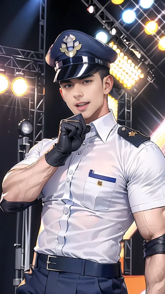 handsome man sleep on the table ,(crew cut short hair:1.2),black eye,smile,open mouth
(navy police uniform:1.2),(shirt short sleeves:1.2),collar,(shirt covered over:1.2),(name tag and Police badge:1.2),(shirt no buttons:1.1),(black_gloves:1.3),
(Navy blue cargo:1.2),Korean guy,korean men,(High gloss details),(chest muscles:1.2),(large arm muscles:1.2),blood vessel,Big muscles,Broad shoulders,looking at the audience,Balancing the eyes,middle of the road,(stage:1.4),