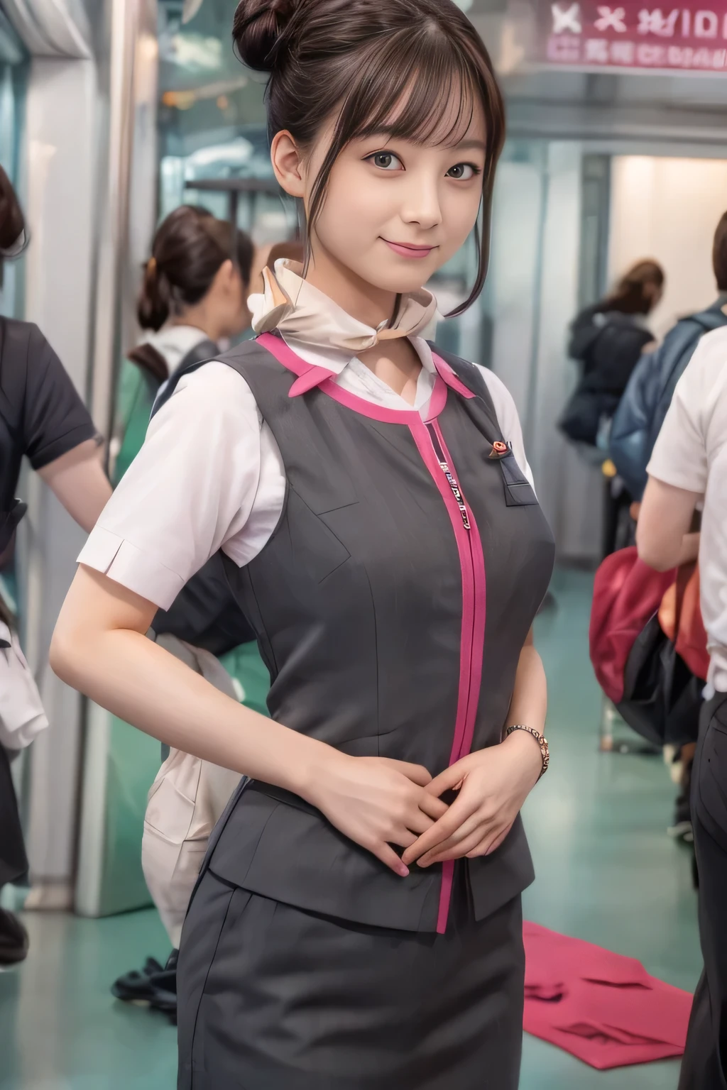 (masterpiece:1.2, Highest quality:1.2), 32k HDR, High resolution, (alone、One girl)、(Ride the bullet train、Professional Lighting)、Background in the car、(Realistic style of JR Gran Class crew uniform)、Short sleeve blouse、a scarf around the neck、(JR Gran Class flight attendant uniform with pink parts on the skirt sleeves)、(The uniform of a flight attendant in JR Gran Class has a pink line on the front zipper of the vest.)、Dark brown hair、(Hair tied up、Hair Bun、Hair Bun)、Dark brown hair、Long Shot、Big Breasts、((Great hands:2.0)),((Harmonious body proportions:1.5)),((Normal limbs:2.0)),((Normal finger:2.0)),((Delicate eyes:2.0)),((Normal eyes:2.0)))、Luxury Necklace、smile、Beautiful standing posture,