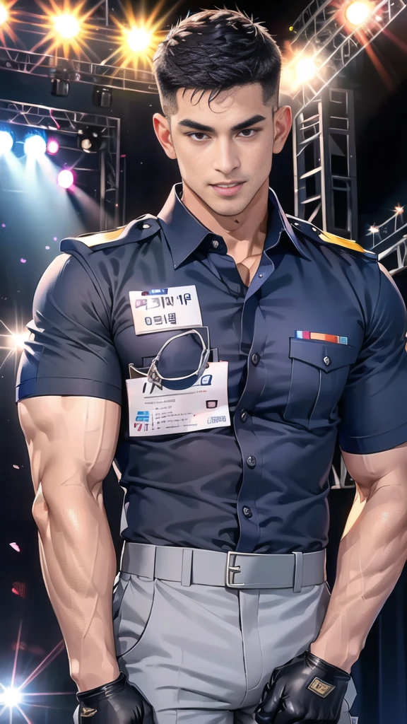 handsome man  sleep on the table ,(crew cut short hair:1.2),black eye,smile,open mouth
(navy police uniform:1.2),(shirt short sleeves:1.2),collar,(shirt covered over:1.2),(name tag and Police badge:1.2),(shirt no buttons:1.1),(black_gloves:1.3),
(Navy blue cargo:1.2),Korean guy,korean men,(High gloss details),(chest muscles:1.2),(large arm muscles:1.2),blood vessel,Big muscles,Broad shoulders,looking at the audience,Balancing the eyes,middle of the road,(stage:1.4),