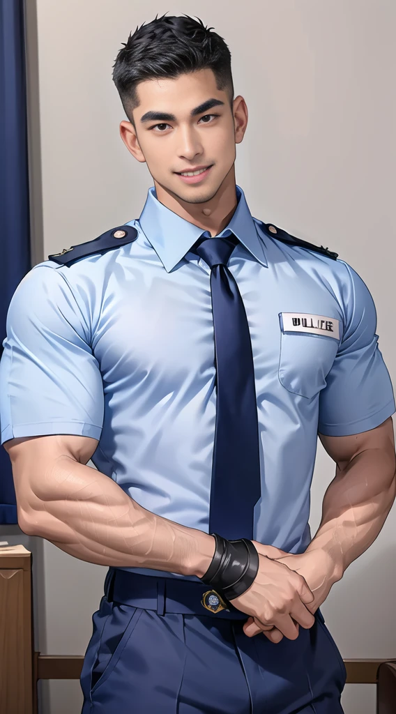 handsome man sleep on the table ,(crew cut short hair:1.2),black eye,smile,open mouth (navy police uniform:1.2),(shirt short sleeves:1.2),collar,(shirt covered over:1.2),(name tag and Police badge:1.3),(shirt no buttons:1.1),(black_gloves:1.3), (Navy blue cargo:1.2),Korean guy,korean men,(High gloss details),(chest muscles:1.2),(large arm muscles:1.2),blood vessel,Big muscles,Broad shoulders,looking at the audience,Balancing the eyes,middle of the road,(stage:1.2),