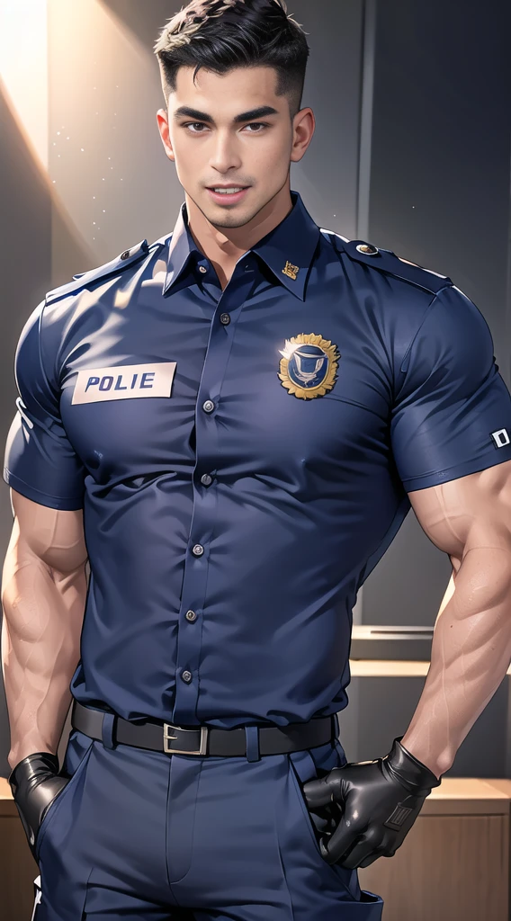 handsome man sleep on the table ,(crew cut short hair:1.2),black eye,smile,open mouth (navy police uniform:1.2),(shirt short sleeves:1.2),collar,(shirt covered over:1.2),(name tag and Police badge:1.3),(shirt no buttons:1.1),(black_gloves:1.3), (Navy blue cargo:1.2),Korean guy,korean men,(High gloss details),(chest muscles:1.2),(large arm muscles:1.2),blood vessel,Big muscles,Broad shoulders,looking at the audience,Balancing the eyes,middle of the road,(stage:1.2),