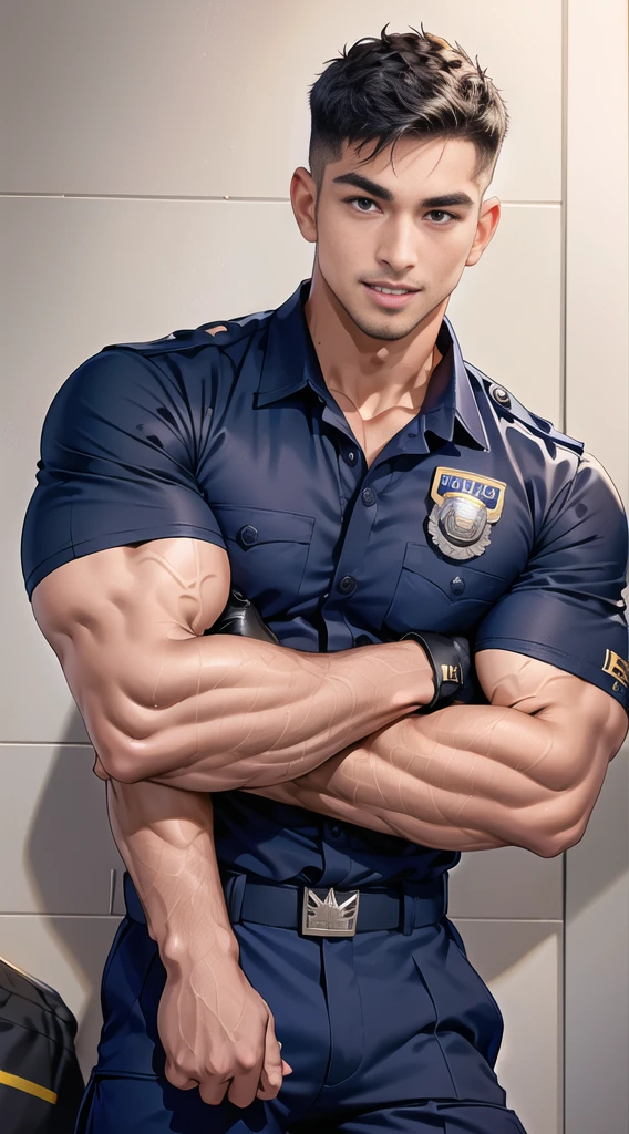 handsome man sleep on the table ,(crew cut short hair:1.2),black eye,smile,open mouth (navy police uniform:1.2),(shirt short sleeves:1.2),collar,(shirt covered over:1.2),(name tag and Police badge:1.3),(shirt no buttons:1.1),(black_gloves:1.3), (Navy blue cargo:1.2),Korean guy,korean men,(High gloss details),(chest muscles:1.2),(large arm muscles:1.2),blood vessel,Big muscles,Broad shoulders,looking at the audience,Balancing the eyes,middle of the road,(stage:1.2),