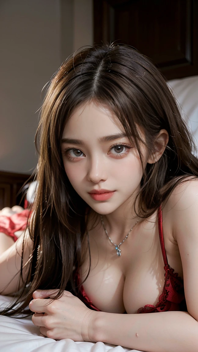 (Masterpiece, BestQuality:1.3), (ultra detailed:1.2), (hyperrealistic:1.3), (RAW photo:1.2),High detail RAW color photo, professional photograph, (Photorealistic:1.4), (realistic:1.4), ,professional lighting, (japanese), beautiful face, (realistic face), cute woman, (Brown Hair, Big Tits:1.5), (cheerful Smile:1.35), Trending Hair&Trending Hairカラーをランダムに, earrings, necklace, bracelet, sexly, erotic sexly, Random sexy gravure poses, (Sexy woman in a red silk nightgown、Elegant bedroom、Biting lips、Long Straight Hair、Lying on bed pose。: 1.3)