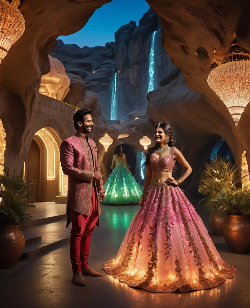 grand wedding scene, guests and beautiful smiling couple: man avatar green skin green avatar green man dress, indian girl in lehenga. full body. beige lehenga, red gold border, embroidery, embellish, stone work, exquisite, shimmering. Editorial Photography, Photography,sharp focus, taken with a 60mm lens, ISO 300, f/4, 1/200th, twirling in lehenga, (High-res,Photorealistic),Bright glowing lights, Pulsating colors, biolumincient ice, white background Ethereal atmosphere, Beautiful detailed eyes, of lobby Mendenhall Ice caves of ((Masterpiece))underground cave city, gray rocky surface which is covered with a thick layer of dust, futuristic sci-fi masterpiece, cybernetic residential beehive pod architecture designs carved inside , luxury silver , white and golden light, realistic ,intricate, detailed ,modern, neo ice cave centric design,rocks,blue fountain, waterfalls,desert caves, organic futurism, indigenous futurism, futuristic vision, architecture styles of Rem Koolhaas,Daniel Libeskind, Jean Nouvel, Paolo Soleri, upstairs, balconies, futuristic facades, trending on art station, beautiful lighting,masterpiece, fantasy, intricate, award winning, 4k, highest quality render model:Real , heart shaped architecture ((masterpiece)),((best quality)),((high detail)),((realistic,)) Futurist era city, architectural streets, bazaars, cyberpunk, buildings, night, neon, summer, hot desert，Magnificent space image scene heavenly body 8K，super-fine, rocky walls. place lit with decorations, celebration, light decoration, neo-Rococo expressionist style, ethereal and dreamy themes, rococo gorgeous style, pink yarn, lace, flower ground, blue light quality, 8k, winter, , bioluminescence, luminous. Mechanical  eye, naked,naked