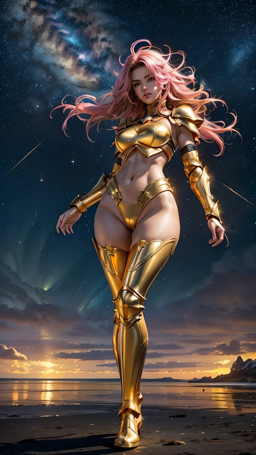 ((best quality)), ((masterpiece)), (ultra detailed lights), ((full body shot)), ((skinny body)), indonesian girl, extremely beautiful, ((slim body)), thighs gap, ultra face details, 20 years old, ((pink curvy-hair)), ((hair blown by strong winds :1.3)), Award-winning photograph, ((symmetrical pose)), goddess in ((full body golden black armor)) are in the middle of battlefield, posing in the middle, ((thight golden armour)), ((extremely details armor)), ((tight latex panties)), ((24k-gold armor)), ((edge luminous armor)), epic lights reflections, at beach, full of stars, orange clouds, nebula sky, epic aurora borealis in the background, shooting stars, ((from below))