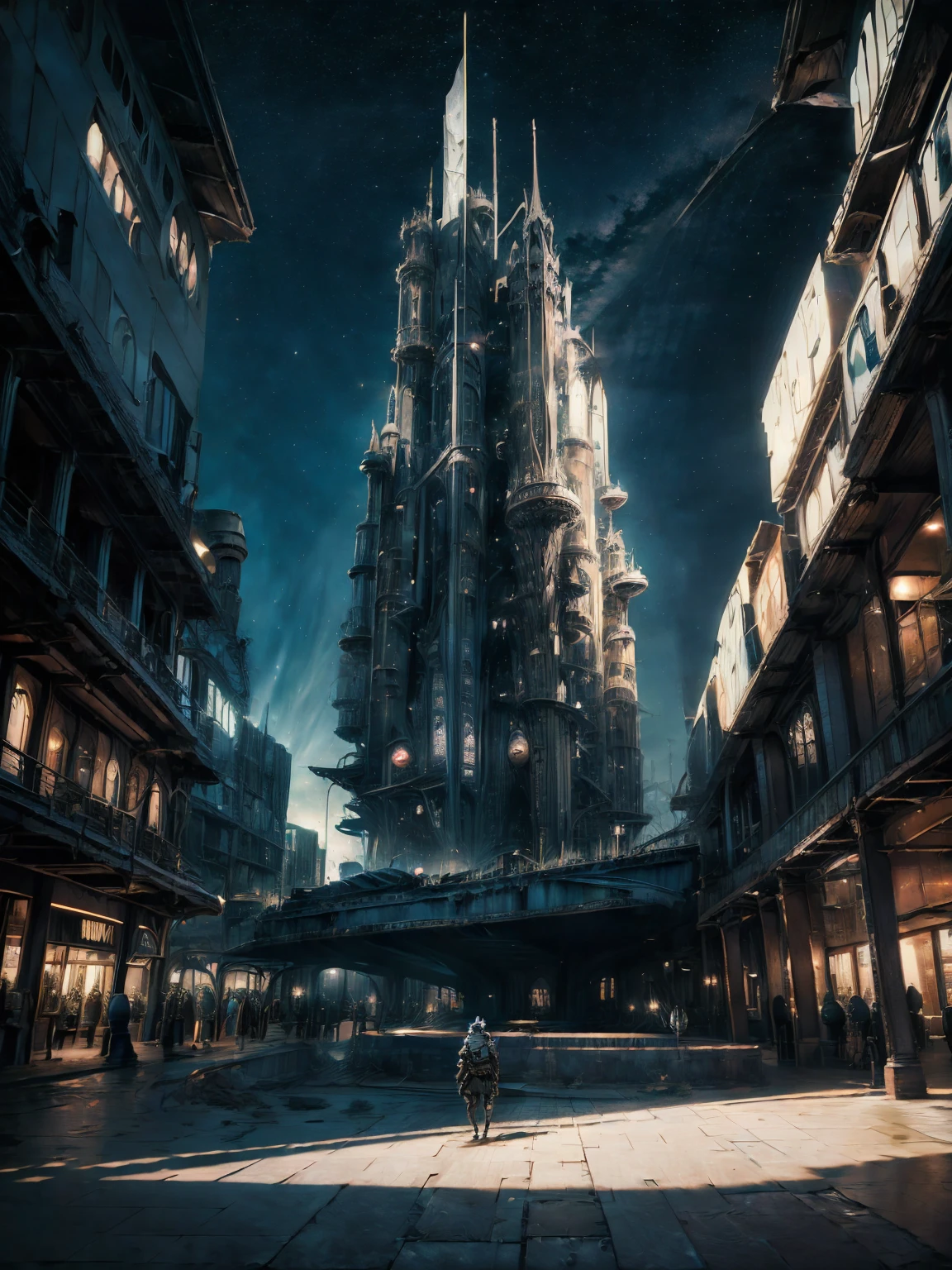 (Best Quality, 4k, ultra detailed, high resolution, Masterpiece: 1.2),(wide angle, Character in the distance in a futuristic building.:1.5), There is a character seen from afar., located on a high observation point:1.4. It is small compared to the surroundings.., highlighting the magnitude of the ship. The character is equipped with a space suit.:1.5, with flashing lights and mechanical details.View of outer space: through the boat&#39;s openings, you see a vast starry space. The stars are unevenly distributed.., creating variable densities and suggesting the remoteness of some celestial objects.