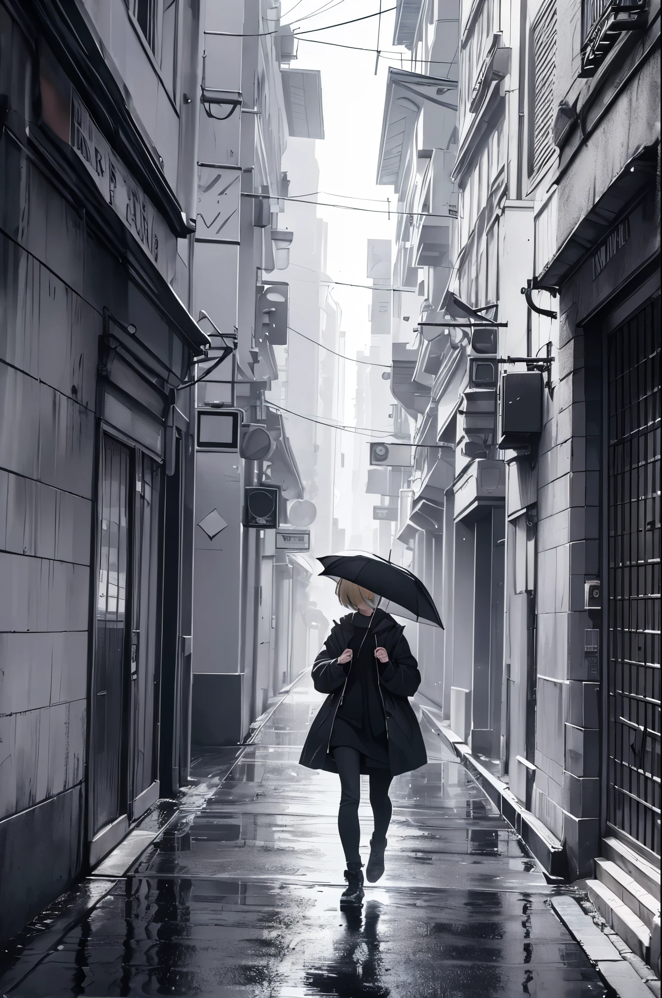 ((20-year-old woman,Blonde short bob hair,She is walking through an huge park in the Uneasy atmosphere world)),there is nobody in the park,((the sky in the clouds,inside the monochrome world,the atmosphere in the rain)),There are faceless monsters in the park,Uneasy atmosphere.