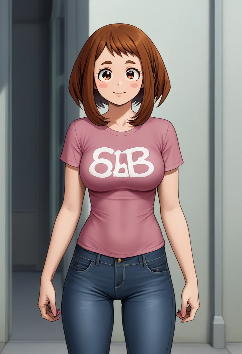 ((best quality)), ((masterpiece)), (detailed), perfect faceochakouraraka, ochako uraraka, (uraraka ochako:1.5), (brown eyes:1.5), brown hair, short hair, bobbed hair, blush, blush stickers, full body, smile, standing, large eyes, large bangs on face,
BREAK ( dark pink T-shirt :1.5), dark blue jeans,
BREAK outdoors, nature,
BREAK pink heels,
BREAK looking at viewer, cowboy shot,
BREAK (masterpiece:1.2), best quality, high resolution, unity 8k wallpaper, (illustration:0.8), (beautiful detailed eyes:1.6), extremely detailed face, perfect lighting, extremely detailed CG, (perfect hands, perfect anatomy),