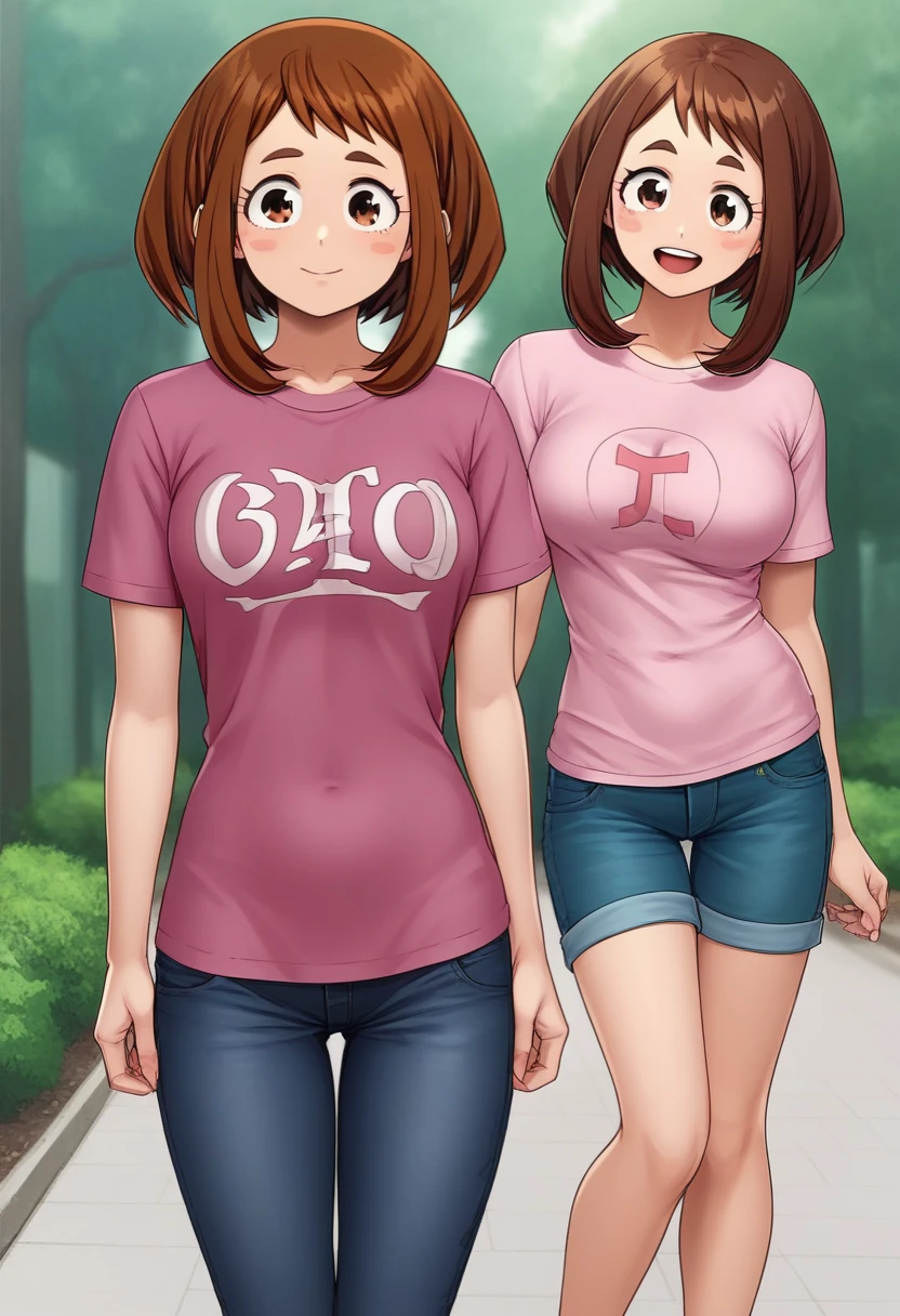 ((best quality)), ((masterpiece)), (detailed), perfect faceochakouraraka, ochako uraraka, (uraraka ochako:1.5), (brown eyes:1.5), brown hair, short hair, bobbed hair, blush, blush stickers, full body, smile, standing, large eyes, large bangs on face,
BREAK ( dark pink T-shirt :1.5), dark blue jeans,
BREAK outdoors, nature,
BREAK pink heels,
BREAK looking at viewer, cowboy shot,
BREAK (masterpiece:1.2), best quality, high resolution, unity 8k wallpaper, (illustration:0.8), (beautiful detailed eyes:1.6), extremely detailed face, perfect lighting, extremely detailed CG, (perfect hands, perfect anatomy),