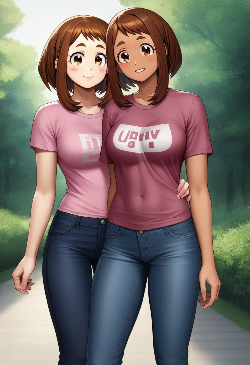 ((best quality)), ((masterpiece)), (detailed), perfect faceochakouraraka, ochako uraraka, (uraraka ochako:1.5), (brown eyes:1.5), brown hair, short hair, bobbed hair, blush, blush stickers, full body, smile, standing, large eyes, large bangs on face,
BREAK ( dark pink T-shirt :1.5), dark blue jeans,
BREAK outdoors, nature,
BREAK pink heels,
BREAK looking at viewer, cowboy shot,
BREAK (masterpiece:1.2), best quality, high resolution, unity 8k wallpaper, (illustration:0.8), (beautiful detailed eyes:1.6), extremely detailed face, perfect lighting, extremely detailed CG, (perfect hands, perfect anatomy),