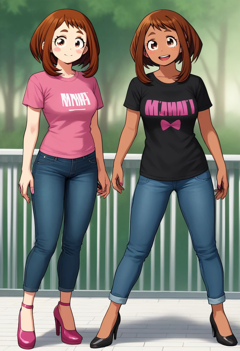 A girl who has honey-colored eyes and dark brown hair short above her neck and wavy..... He has a somewhat chubby physique, brown skin.. Cara redonda, rasgos tiernos y amables. Lleva una camisa y unos pantalones cortos. bosquejo. sombreado. Encendiendo. Cuerpo completo.